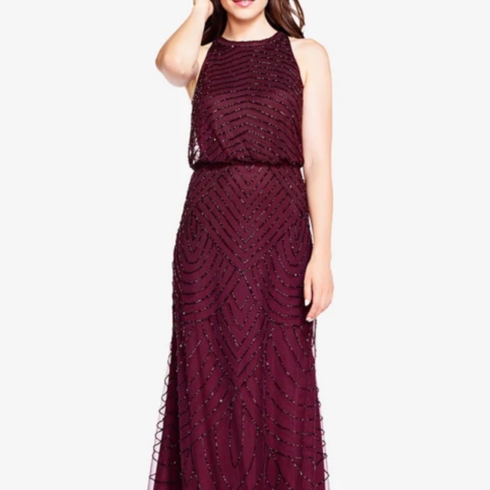 Adrianna papell BEADED BLOUSON DRESS WITH HALTER NECKLINE IN CASSIS bridesmaid